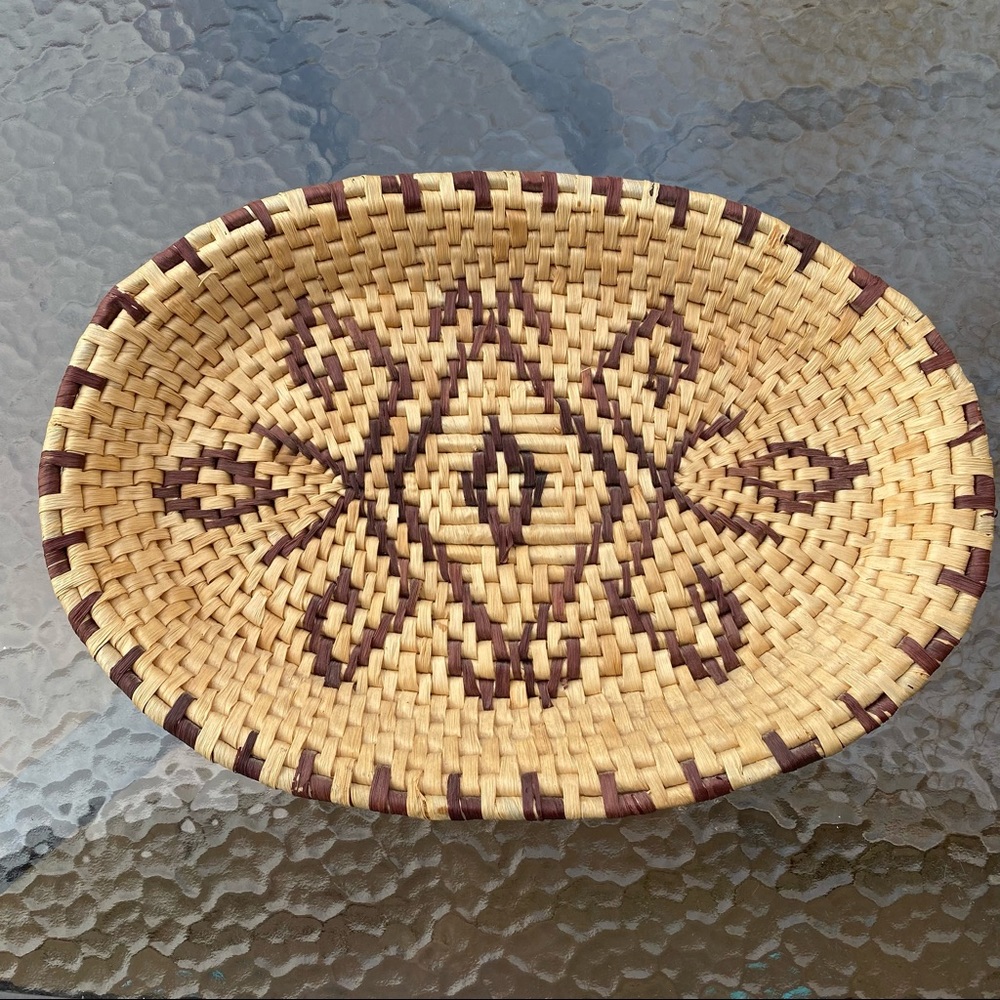 Vintage 70's Woven Straw Oval Serving Tray with Design